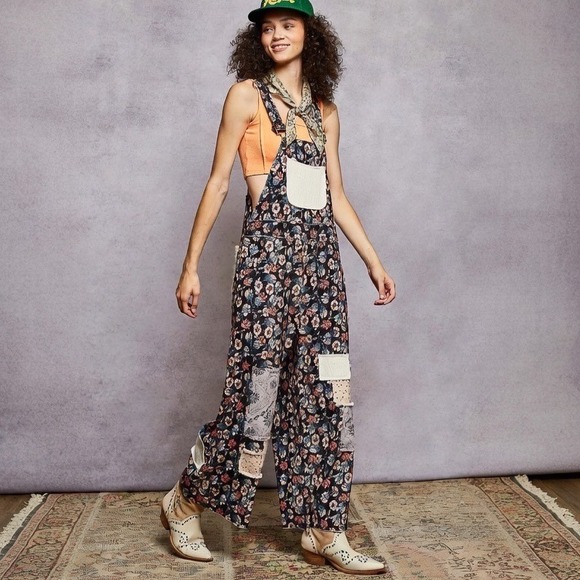 POL Denim - POL Printed Corduroy Patchwork Overalls Mixed Floral Wide Leg Large Boho Hippie